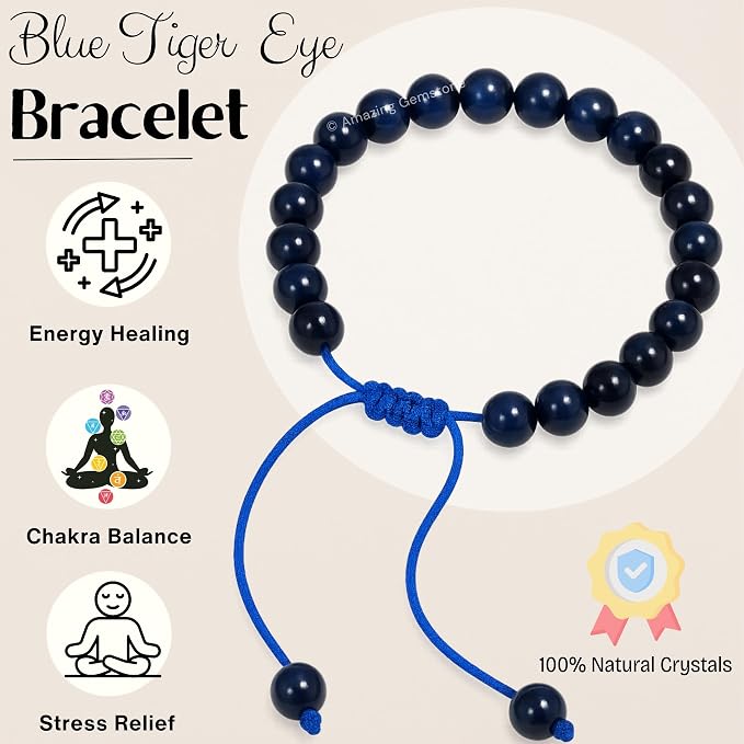 Amazing Gemstone Blue Tiger Eye Bracelet for Women Men's Gifts - Protection Healing Crystal Bracelet - 8mm Gemstone Beaded Adjustable Bracelet Pulseras para Hombres Mujer Stocking Stuffers