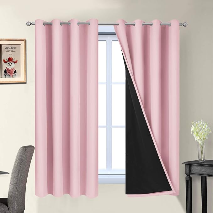 Yakamok Pink 100% Blackout Curtains 63 Inches Long for Bedroom 52" Wide | Blackout Curtain Panels for Bedroom, 2 Thick Layers Grommet Top Thermal Insulated Drapes with Black Liner for Living Room