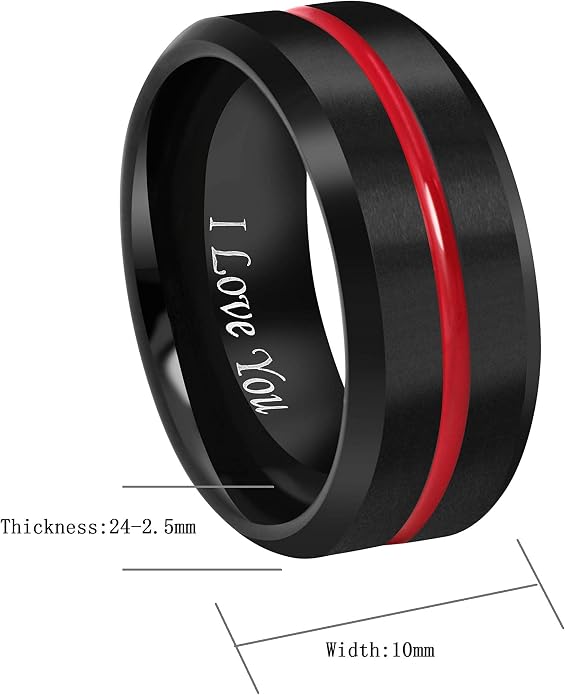CROWNAL 6mm 8mm 10mm Thin Red Groove Black Brushed Tungsten Carbide Wedding Band Ring Comfort Fit Engraved I Love You Size 5 To 17