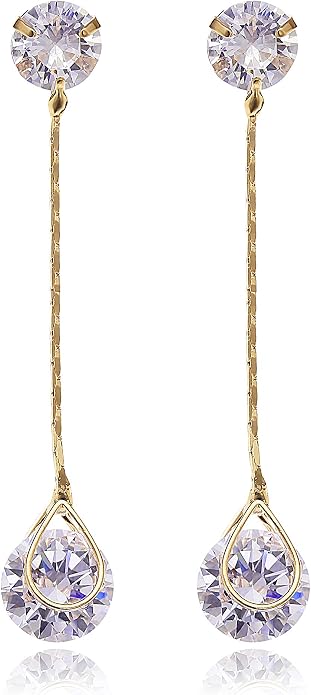 Crystal Linear Drop Earrings - Womens Sterling Silver Round Cubic Zirconia CZ Diamond Rhinestone Long Chain Dangle Earrings Bridal Drop Earrings for Wedding Bride Bridesmaids