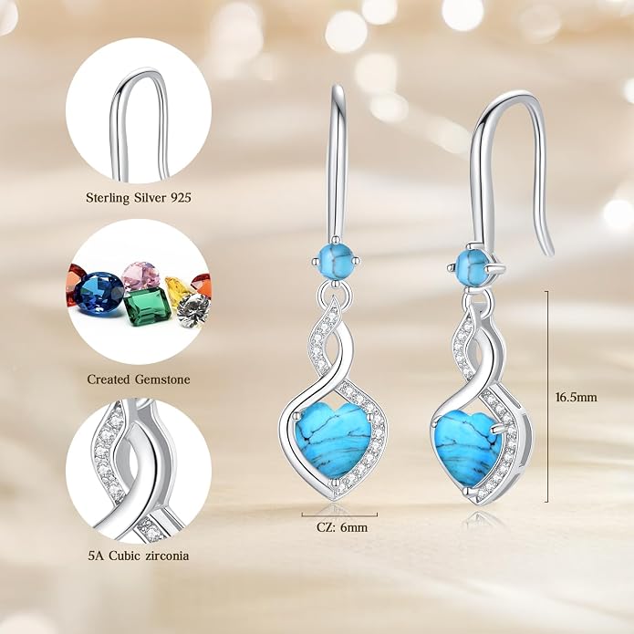 FANCIME Heart Infinity Dangle Drop Earrings 925 Sterling Silver Heart Gemstone Birthstone Earring