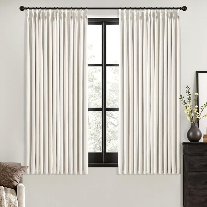 MIULEE Beige White Pinch Pleated 100% Blackout Linen Curtains for Bedroom, Room Darkening Memory Trained Window Curtains 63 inches Long for Living Room, Black Out Pleat Drapes, 2 Panels