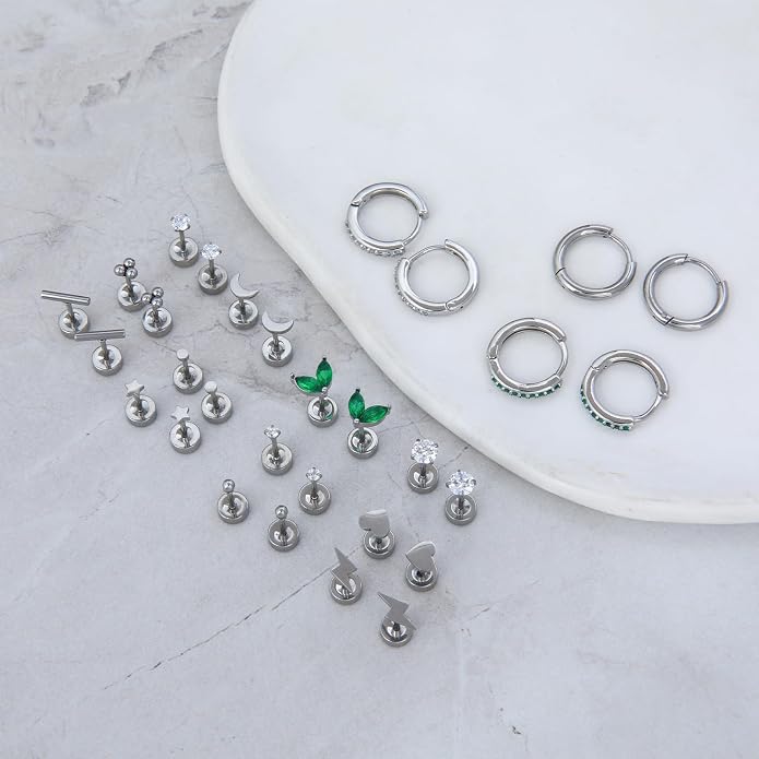 Stainless Steel Stud Earrings Set for Women Hypoallergenic Flat Back Cartilage Earrings Screw Back Huggie Hoop Earrings Multiple Piercing Cubic Zirconia Helix Tragus Jewelry
