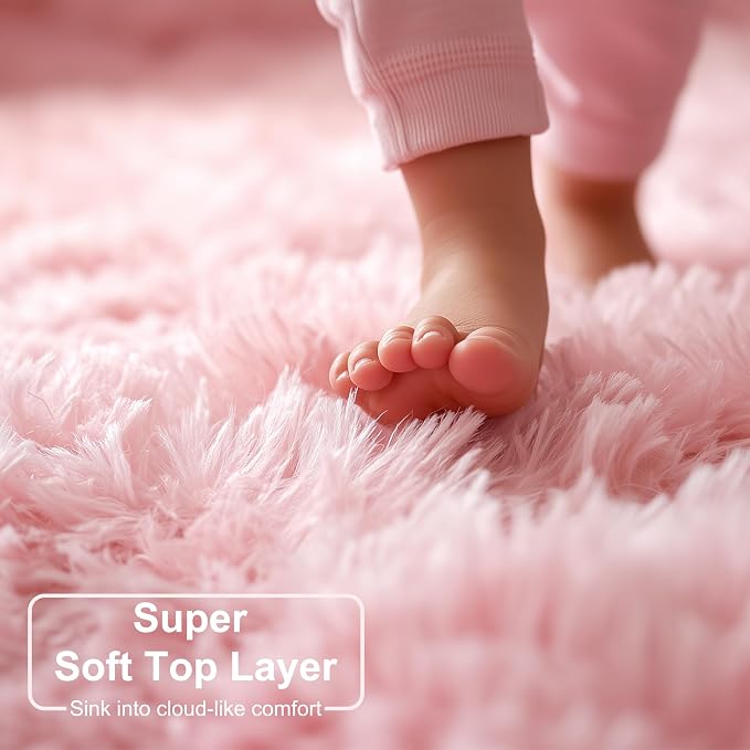 Pink Round Area Rugs 6Ft for Nursery Kids Bedroom, Large Fluffy Shag Circle Rug for Playroom Living Room, Cute Preppy Room Decor for Baby Teen Girls, Cozy Fuzzy Furry Plush Carpets for Dorm Classroom