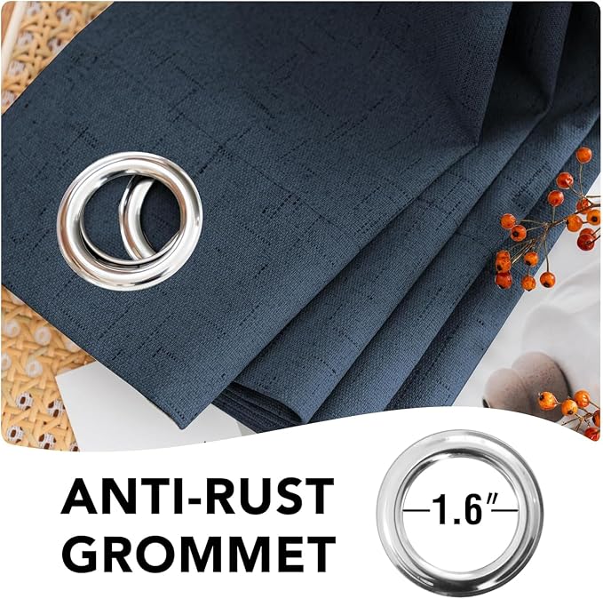 H.VERSAILTEX Linen Curtains 100% Blackout Curtains for Bedroom 90 inch Long Full Light Blocking Nature Linen Blended Window Curtains for Living Room Nickel Grommet (2 Panels, Navy)