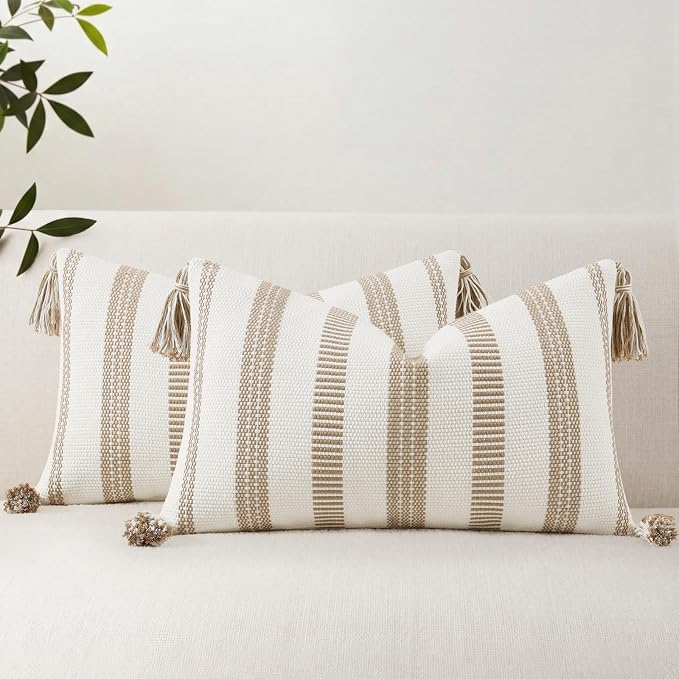 Smile Bee Boho Outdoor Couch Throw Pillow Covers Set of 2 Decorative Thick Woven Striped Accent Neutral Pillow Covers with Tassels for Bed Sofa Home Decor 12x20 Inch, Khaki and Cream White | Woven Cozy Boho Decorative Modern Farmhouse Accent Pillow Cas...