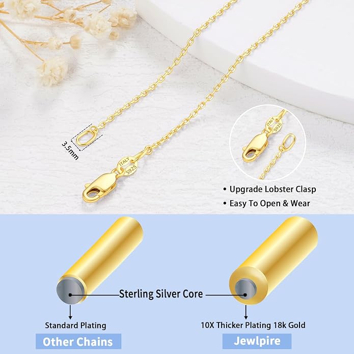 Jewlpire 18k Gold Plated 925 Sterling Silver Chain Necklace for Women, 1.2mm Cable Chain Necklace Thin & Dainty & Sturdy Women's Chain Necklaces 14/16/17/18/20/22/24 Inch