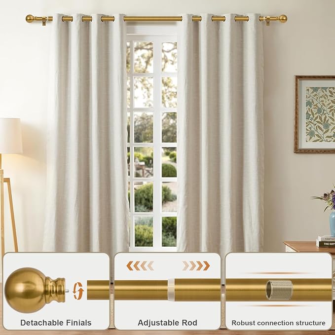 Modern Gold Curtain Rods for Windows 48 to 84 Inch 1" Diameter | Adjustable Heavy Duty Brass Window Curtain Rod with Metal Finials for Living Room Bedroom Farmhouse Kitchen Outdoor