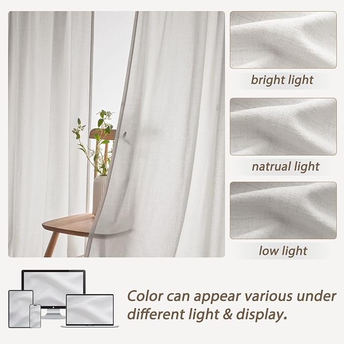 PleatedDrapes Beige White Sheer Linen Curtains 96 Inches Long for Bedroom, Neutral Modern Window Pinch Pleat Living Room Curtain for Sliding Glass Doors Light Filtering with Hooks 40" x 96"x 2Panels