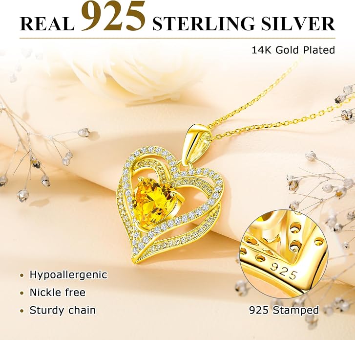 Anniversary Charm Necklace, Sterling Silver 14K Gold Plated Chain with Interlocking Heart Pendant Elegant Birthstone Necklaces for Women, Length 18"