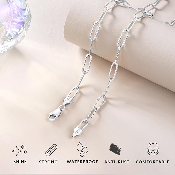 18K Gold Plated and 925 Sterling Silver Paperclip Chain Necklace for Women, 5mm Women's Chain Necklace, World's Top Craftsmanship Necklace for Women 16 18 20 22 24 26 Inch
