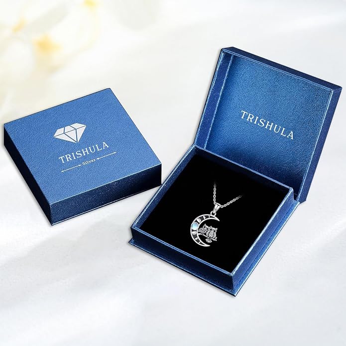 TRISHULA Crescent Moon Necklace 925 Sterling Silver Eye of Horus Animal Moon Pendant with Heart Crystal Birthday Jewelry Gift for Women Christmas Gifts for Her