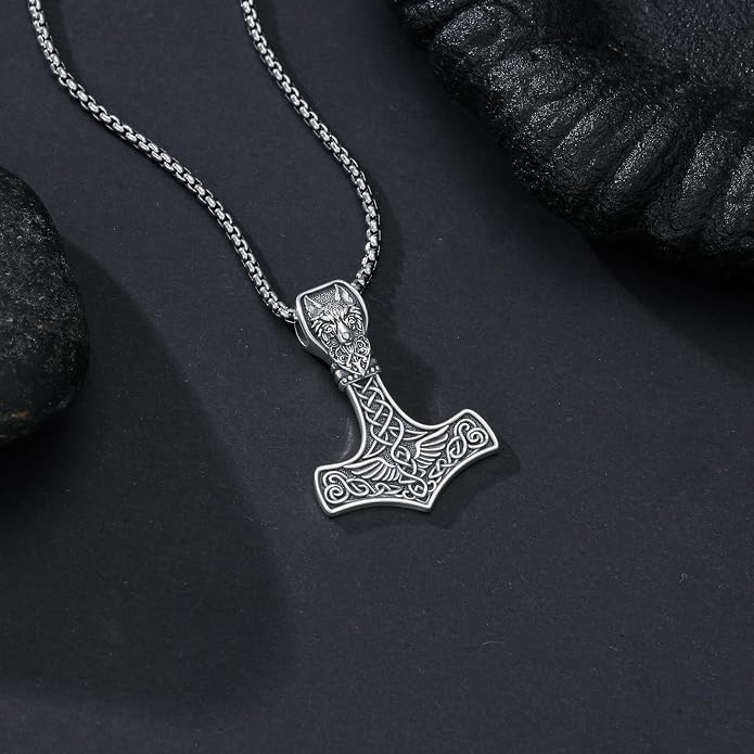PROESS Thors Hammer Necklace Sterling Silver Celtic Knot Wolf/Lion/Raven Necklace Viking Mjolnir Pendant Jewelry for Men