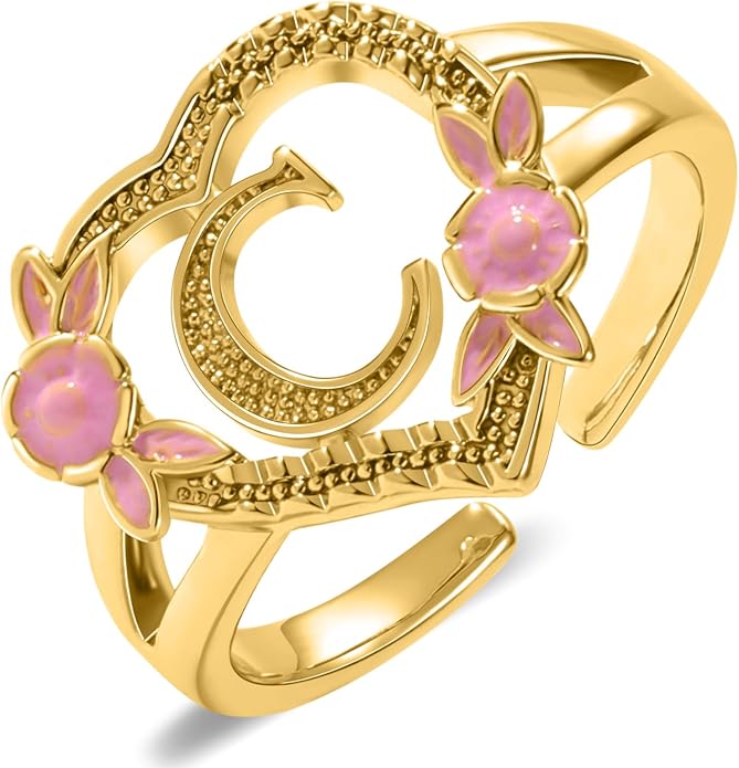 Gold Initial Rings for Women - Non Tarnish Dainty 14K Gold Plated Heart Adjustable Letter Rings for Women, Stackable Cute Thumb Pinky Fashion Open Simple Birthday Gifts Jewelry
