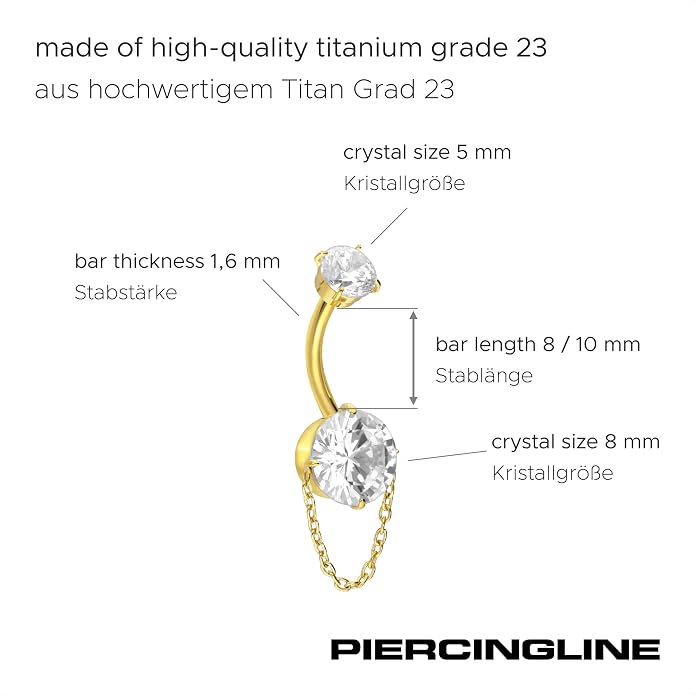 PIERCINGLINE titanium belly button piercing with internal thread, set crystals + chain - belly button ring gold, silver, rosegold piercing