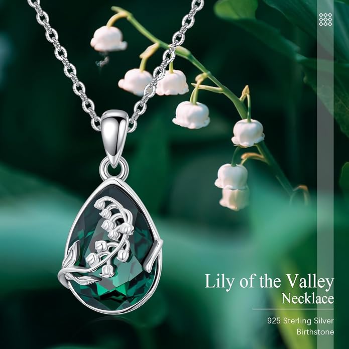 925 Sterling Silver Birth Flower Necklace with Teardrop Shaped Birthstone - 12 Colors, 12 Kinds of Flower - Ideal Birthday Jewelry Gift for Women, Mothers, Daughters & Wives