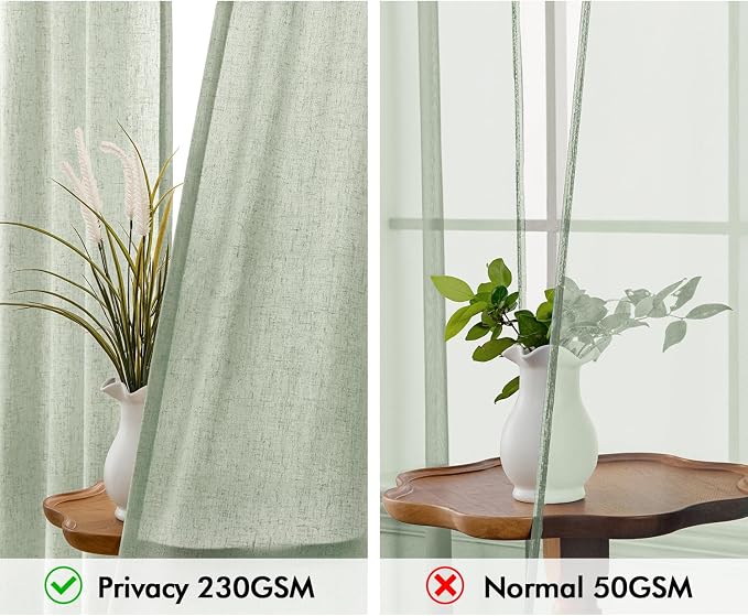 MIULEE Non-See-Through Privacy Linen Curtains 52W x 63L Inch Light Green | 2 Panels, Light Filtering, Semi Sheer Window Curtains, Farmhouse Textured, Back Tab Drapes for Bedroom Living Room