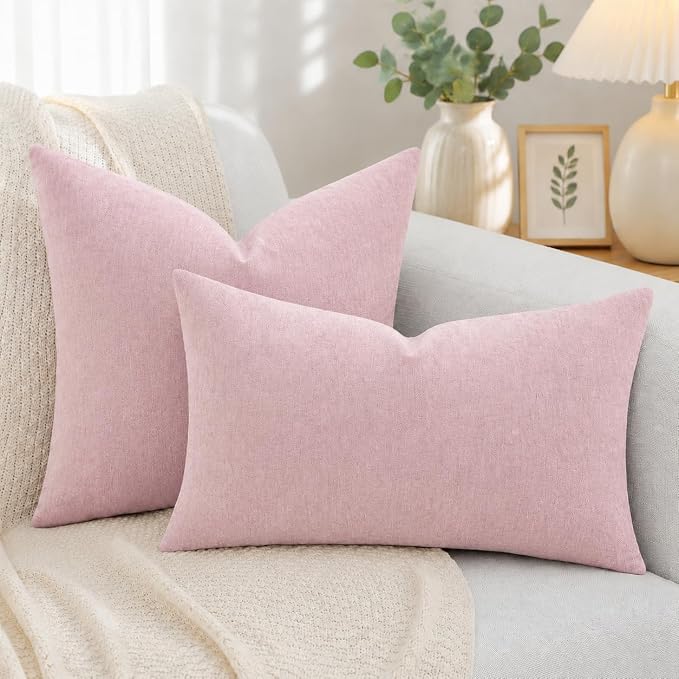 decorUhome Soft Chenille Blush Pink Throw Pillow Covers 20X20 Set of 2 | Decorative Fall Couch Pillow Covers Solid Dyed Accent Modern Farmhouse Neutral Square Pillow Cases for Sofa