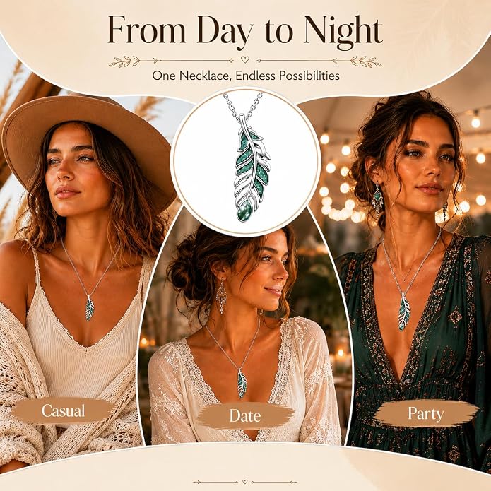 Feather Necklace White Gold Boho Jewelry Nature Inspired Statement Birthstone Pendant Gifts for Women