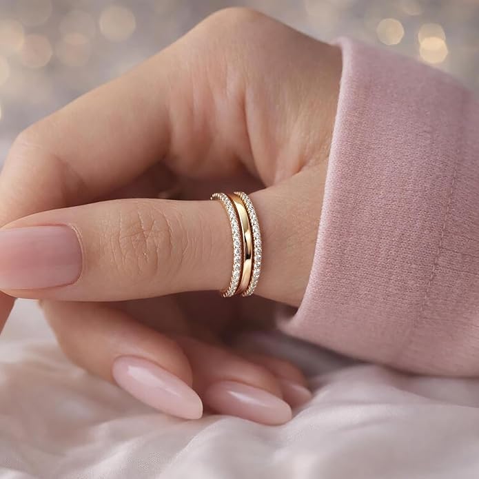 Purplepig Stackable Rings for Women Non Tarnish, Two Tone Mixed Metal Dainty Eternity Band Set, 14K Gold & Sterling Silver Plated Cubic Zirconia Hypoallergenic Wedding Thumb Pinky Rings Size 4-11