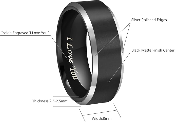 CROWNAL 4mm 6mm 8mm Black Tungsten Couple Wedding Bands Rings Men Women Polished Beveled Edges Matte Brushed Finish Engraved I Love You Size 3.5 To 17