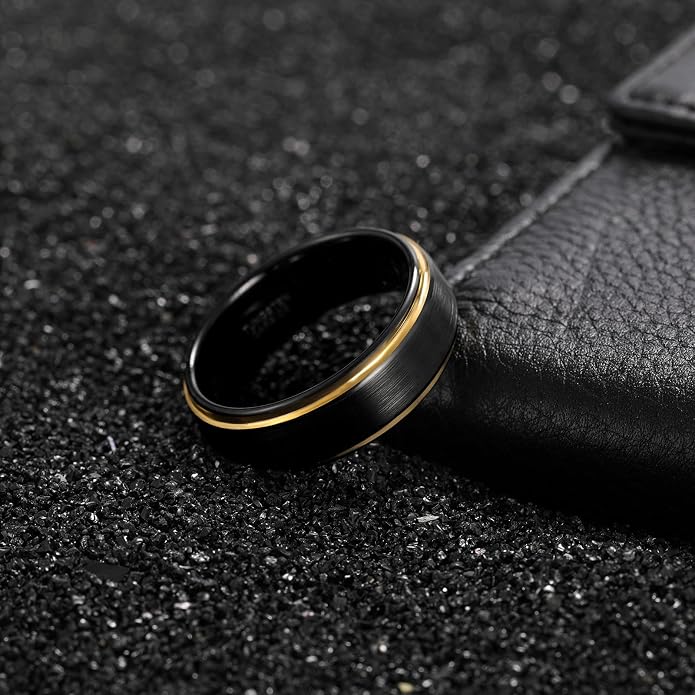 TRUMIUM 6mm 8mm Tungsten Rings for Men Women Black Wedding Band 24K Gold Plated/Rose Gold Plated Step Edges Comfort Fit Size 6-13