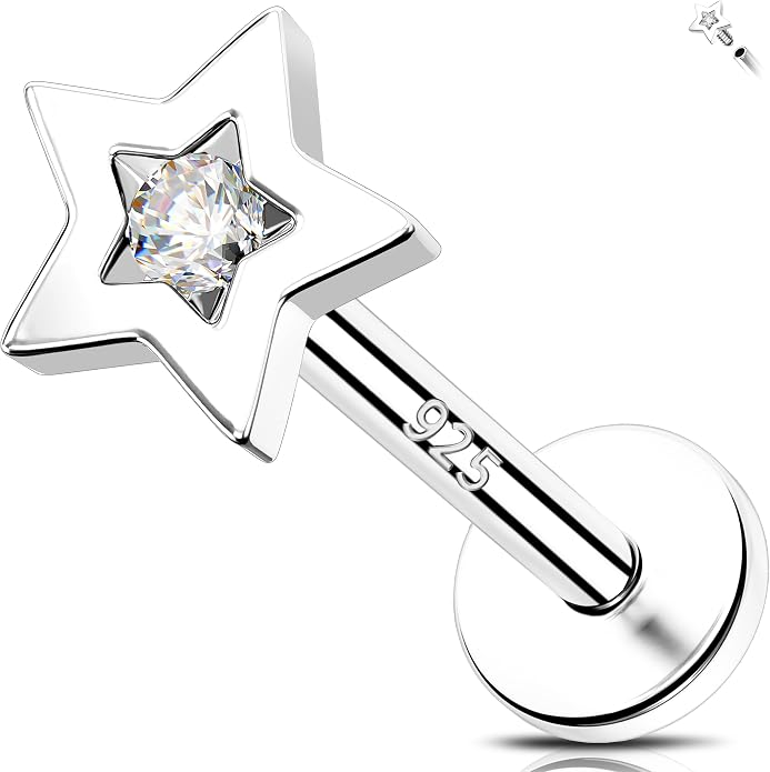 Melighting 16G Sterling Silver 925 Helix Earring Internal Thread 6/8 mm Heart Flat Back Earring Star Lip Stud Labret Cartilage Lip Piercing Jewelry for Women
