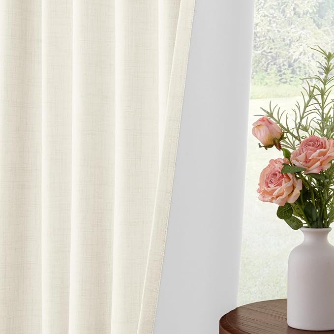 INOVADAY 100% Blackout Curtains 96 Inches Length 2 Panels Set, Back Tab/Rod Pocket Linen Black Out Curtains for Bedroom, Thermal Insulated Window Drapes - Beige White, W50 X L96