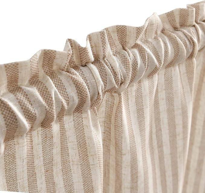 Vangao Taupe Stripe Linen Tiers Curtains 36 Inch Farmhouse 2 Panels | Light Filtering, Semi Sheer, for Kitchen, Living room, Tickingstripe Drapes, Pinstripe, Window Treatments