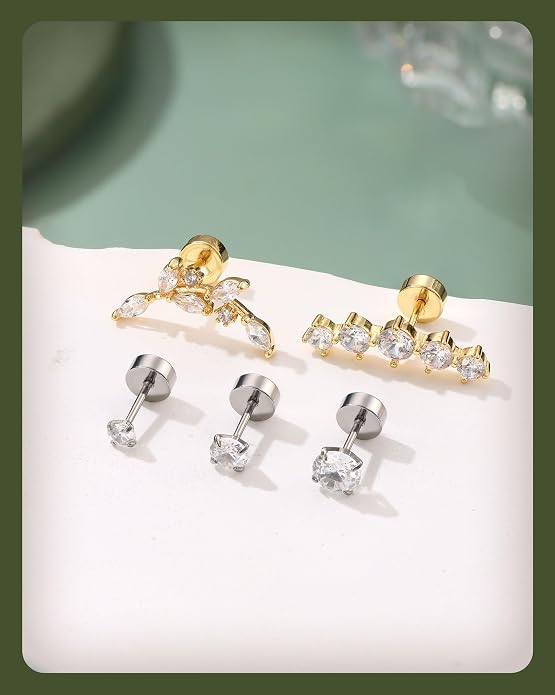 LOLIAS Hypoallergenic Flat Back Earrings-Cartilage Earring Stacks-Surgical Steel Earrings for Sensitive Ears - Small Stainless Steel Flatback Stud Hoop Earring Sets for Helix Tragus Conch Daith Multiple Piercing Jewelry Trendy