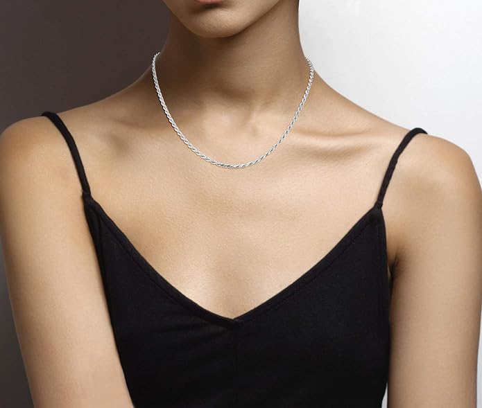 Miabella Solid 925 Sterling Silver Italian 2mm, 3mm Diamond-Cut Braided Rope Chain Necklace for Men Women Made in Italy
