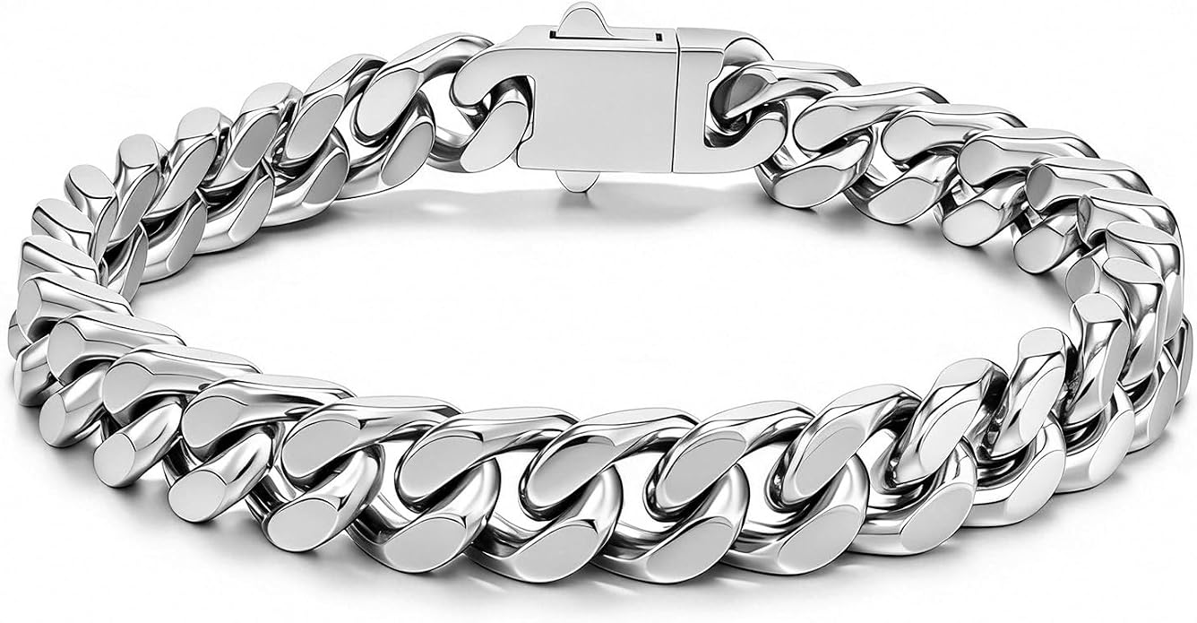 Stainless Steel Cuban Link Bracelet for Men - Gold/Silver Plated Miami Curb Chains Bracelet - Cuban Hand Chain Wrist Bracelet Hip Hop Jewelry, 9mm/11mm Width, 7.5"/8.3"/9"