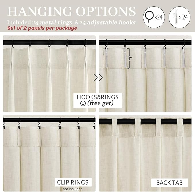 Extra Wide 70 Inch Cream Light Filtering Curtains 108 Inches Long 2 Panels Set for Living Room, Memory Shape Pinch Pleated Linen Semi Sheer Neutral Windows Curtain 9 FT Length Privacy Heavy Drapes