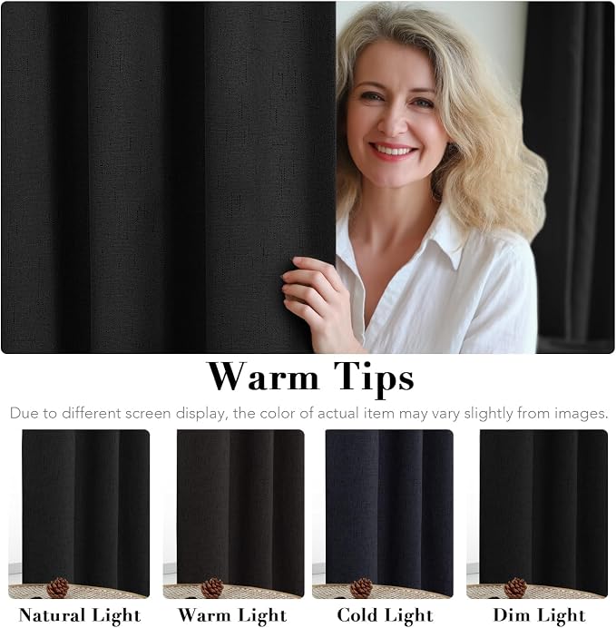 H.VERSAILTEX Linen Curtains 100% Blackout Curtains for Bedroom 90 inch Long Full Light Blocking Nature Linen Blended Window Curtains for Living Room Nickel Grommet (2 Panels, Black)