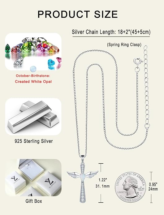 YL Cross Necklace 925 Sterling Silver Angel Wings Pendant Teardrop Birthstone Criss Jewelry for Women