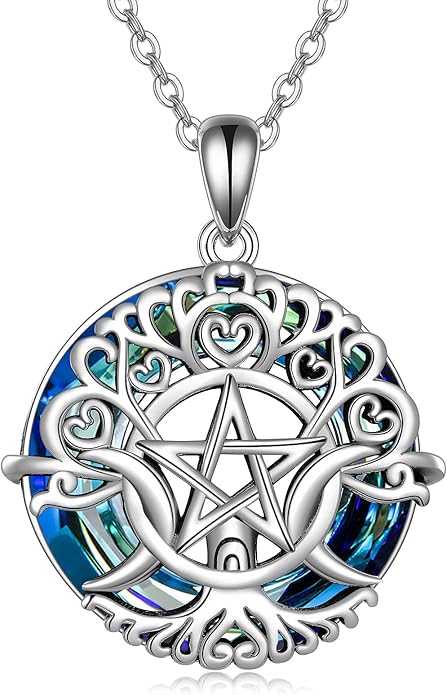 YFN Triple Moon Goddess Necklace Sterling Silver Pentagram Pentacle Opal Pendant necklace Pagan Wiccan Magic Amulet Tree of Life Jewelry for Women Men 18"