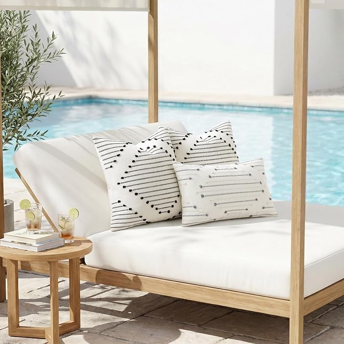 Mecatny Boho Summer Outdoor Throw Pillow Covers 16X16 Set of 2, Farmhouse Decorative Pillow Covers for Couch Sofa Living Room, Black & Cream White