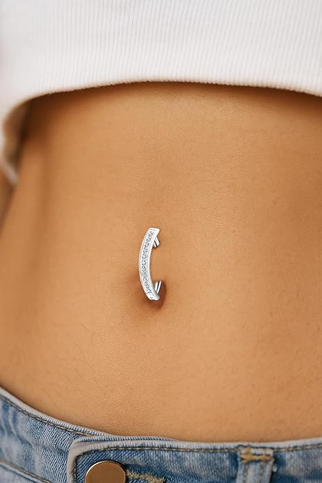 VOJO Moissanite Clicker Belly Button Ring, Titanium 2 Pcs 10&12mm Reverse Curved Hoop Navel Barbell Piercing Jewelry