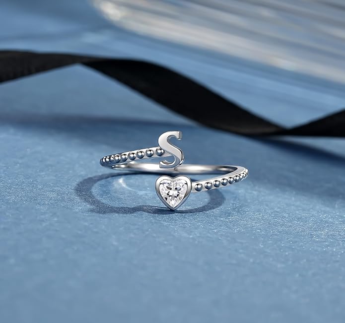 Step Forward 925 Sterling Silver Adjustable Initial Ring for Women | Non Tarnish Letter Rings for Lady | Alphabet Heart Thumb Rings | Capital Letter Jewelry Gifts