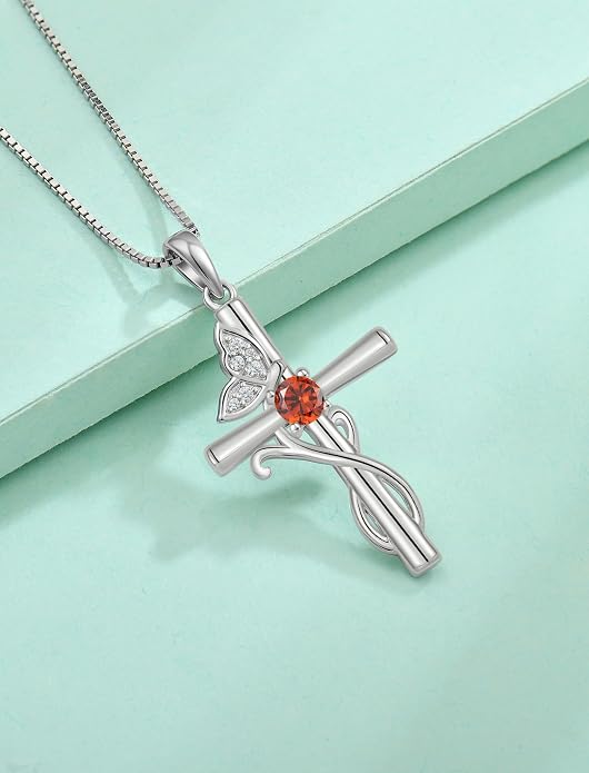 STARCHENIE Butterfly Cross Necklace 925 Sterling Silver Crucifix Pendant Birthstone Jewelry for Women