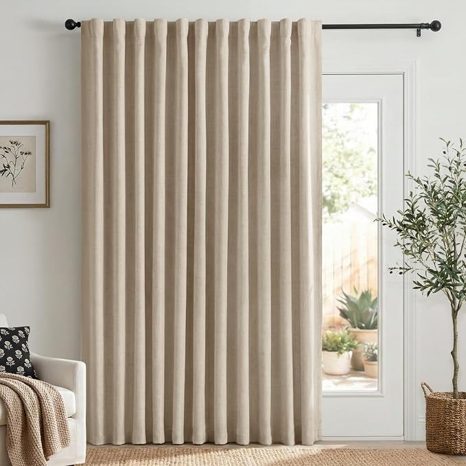 100% Blackout Shield Linen Blackout Sliding Door Curtains for Living Room, Back Tab/Rod Pocket Thermal Insulated Curtains for Sliding Glass Doors, 1 Panel Set, 100" W x 108" L, Oatmeal