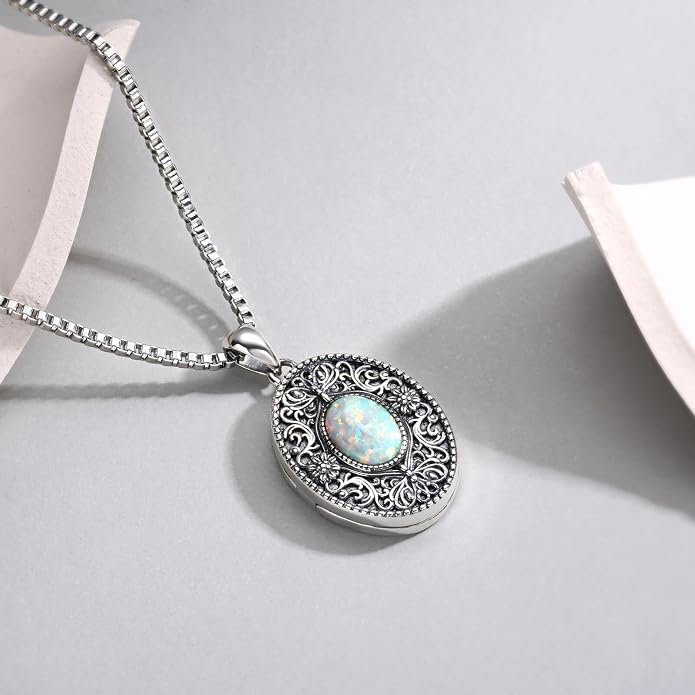 Sterling Silver Locket Necklace for Women Opal Oval-shaped Hold Pictures Photo Pendant Vintage Roses Cross Memory Jewelry Gifts for Women