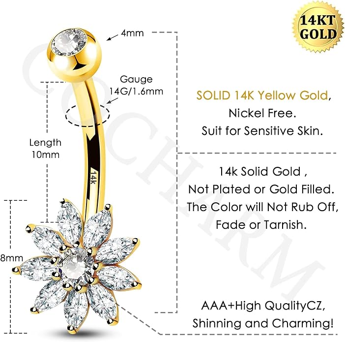 COCHARM 14K Real Gold Flower Belly Button Rings for Women Cute 14K Solid Gold Petal Navel Rings Dainty 14Kt Yellow Gold Belly Button Piercing Jewelry Nickel Free