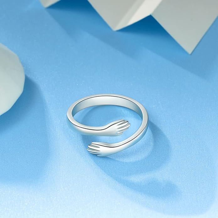 S925 Sterling Silver Hug Rings for Women Teen Girls Adjustable Ring for Granddaughter Daughter Hope Promise Friendship Hand Ring Jewelry for Birthday Graduation Christmas Mothers Day Valentines Gifts