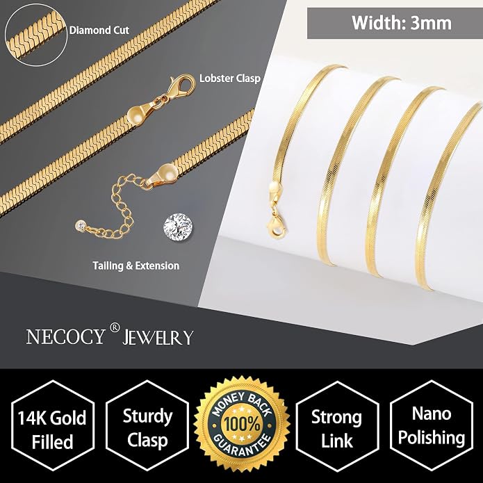 NECOCY 14K Gold Plated Necklaces for Women, Dainty Gold Herringbone Choker Necklace Thin Layered Snake Chain Jewelry for Gifts
