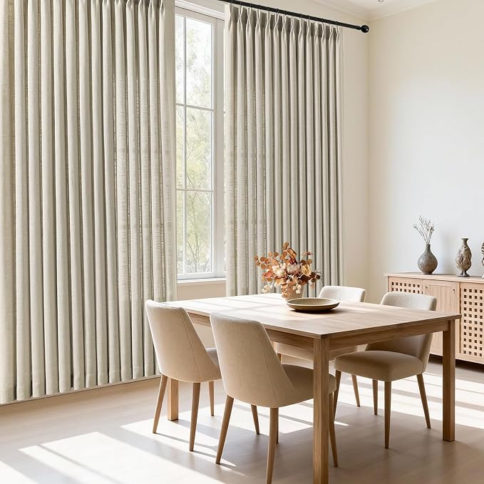 Extra Wide Pinch Pleated Curtains 90 Inches Long for Sliding Glass Door 60 Inch Wide Linen Curtain Memory Trained Pleated Drapes Hooks Rings 60x90 Curtain for Large Window, Burlywood Birch, 1 Panel