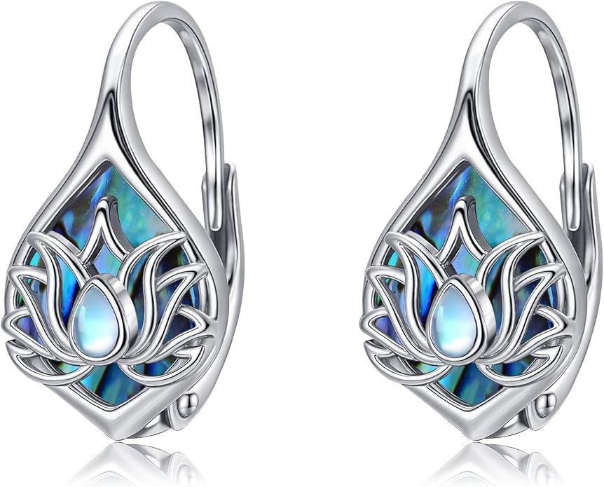 Moonstone Abalone Shell Earrings 925 Sterling Silver Dragonfly/Hummingbird/Butterfly/Lotus/Filigree Hoop Leverback Earrings Jewelry Gifts for Women