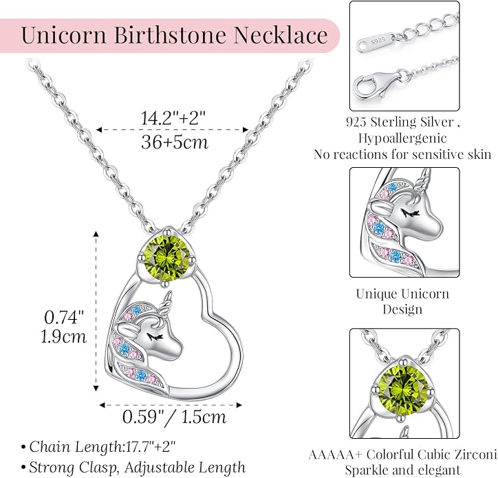 CDE Christmas Gift for women Cute Unicorn Birthstone Necklace for Girls Daughter 925 Sterling Silver Opal Heart Pendant Graduation Birthday Christmas Jewelry Gift for Teenage Girls Niece