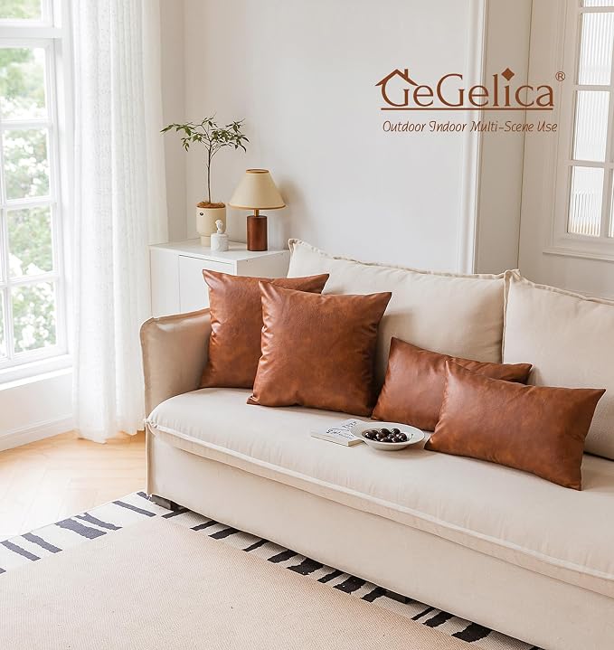 12X20 Inch Brown Faux Leather Throw Pillow Covers Set of 2 Modern Farmhouse Solid Outdoor Lumbar Boho Cognac Pillow Covers for Room Couch Living Bedroom Bed Sofa Decorative
