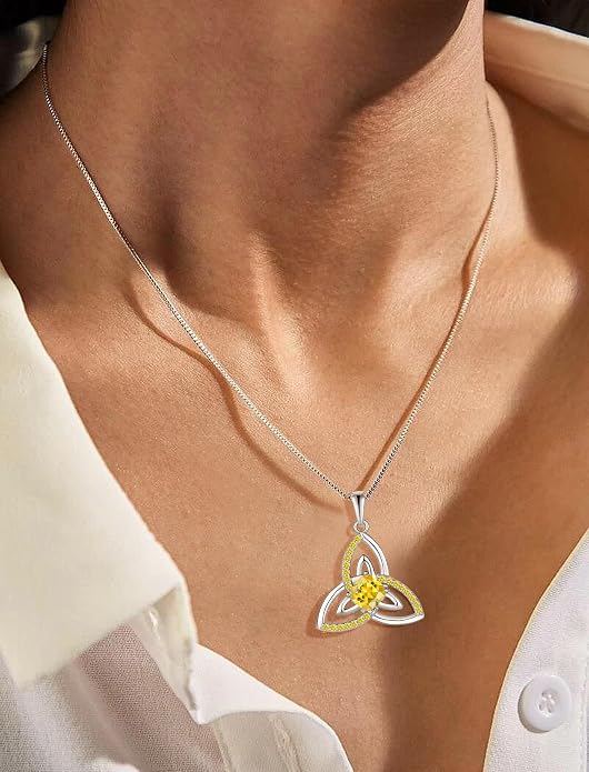 Celtic Birthstone Necklace for Women 925 Sterling Silver Trinity Knot Triquetra Crystal Pendant